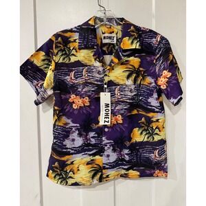 Mohez Kids Tropical Sunset Hawaiian Shirt Purple Yellow Size 9-10Y NWT